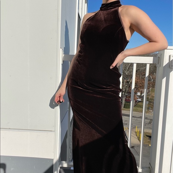 Velvet Maxi Dress Gown Halter Vintage Chocolate Brown Lace Back Corset Top S - Picture 6 of 7